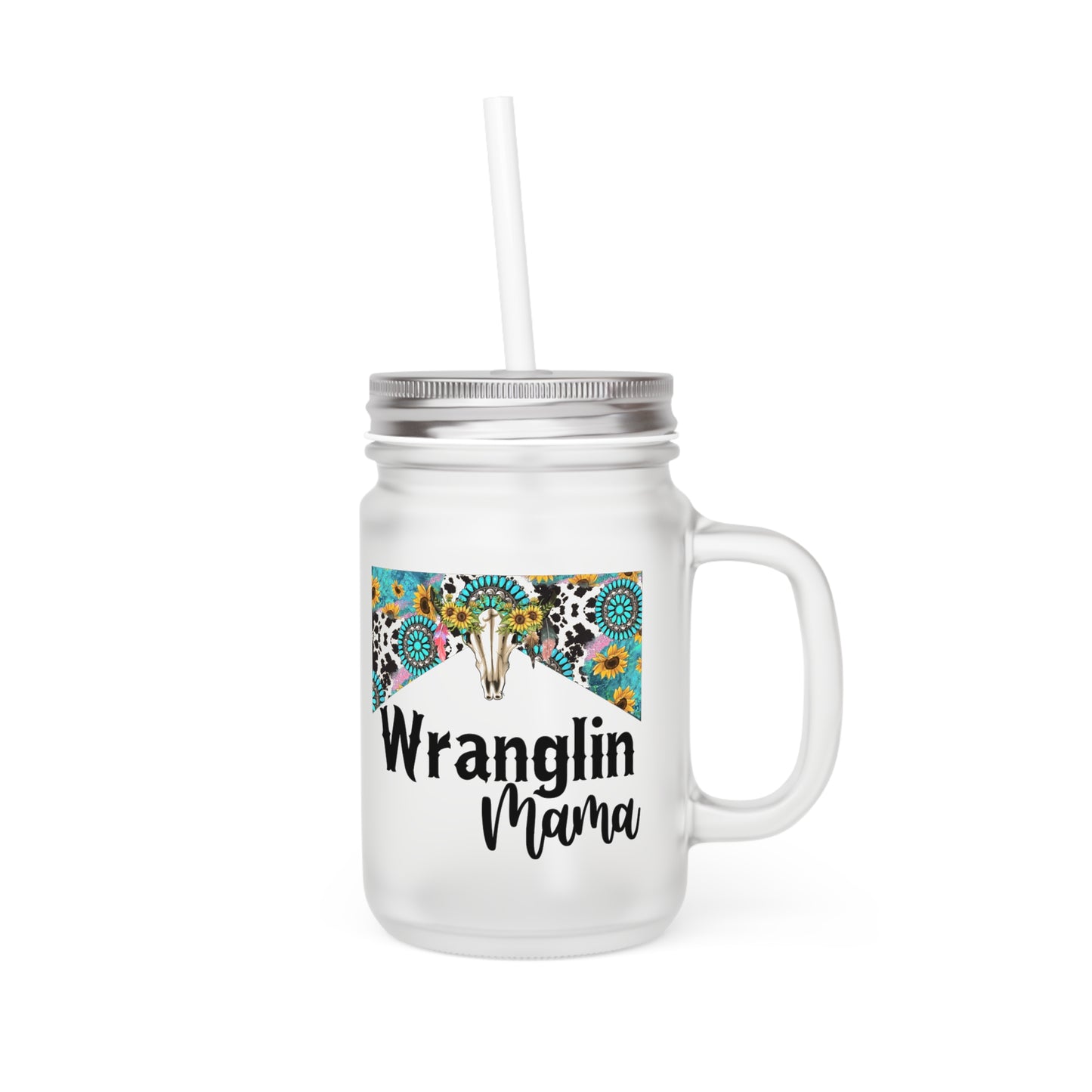 Cute Wrangler Mama Mason Jar with Straw, Rustic Farmhouse Drinkware, Country Style Kitchen Decor, Gift for Moms, Western Themed Cup