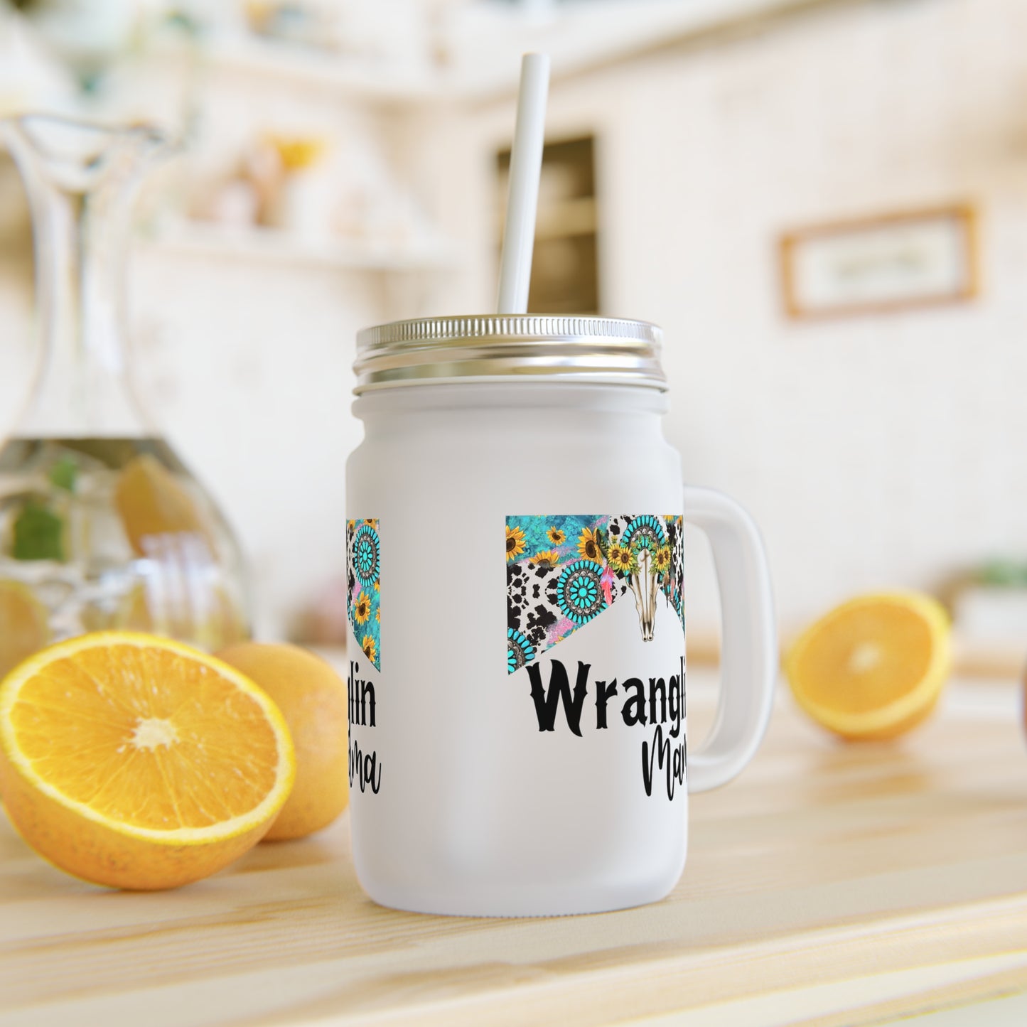 Cute Wrangler Mama Mason Jar with Straw, Rustic Farmhouse Drinkware, Country Style Kitchen Decor, Gift for Moms, Western Themed Cup