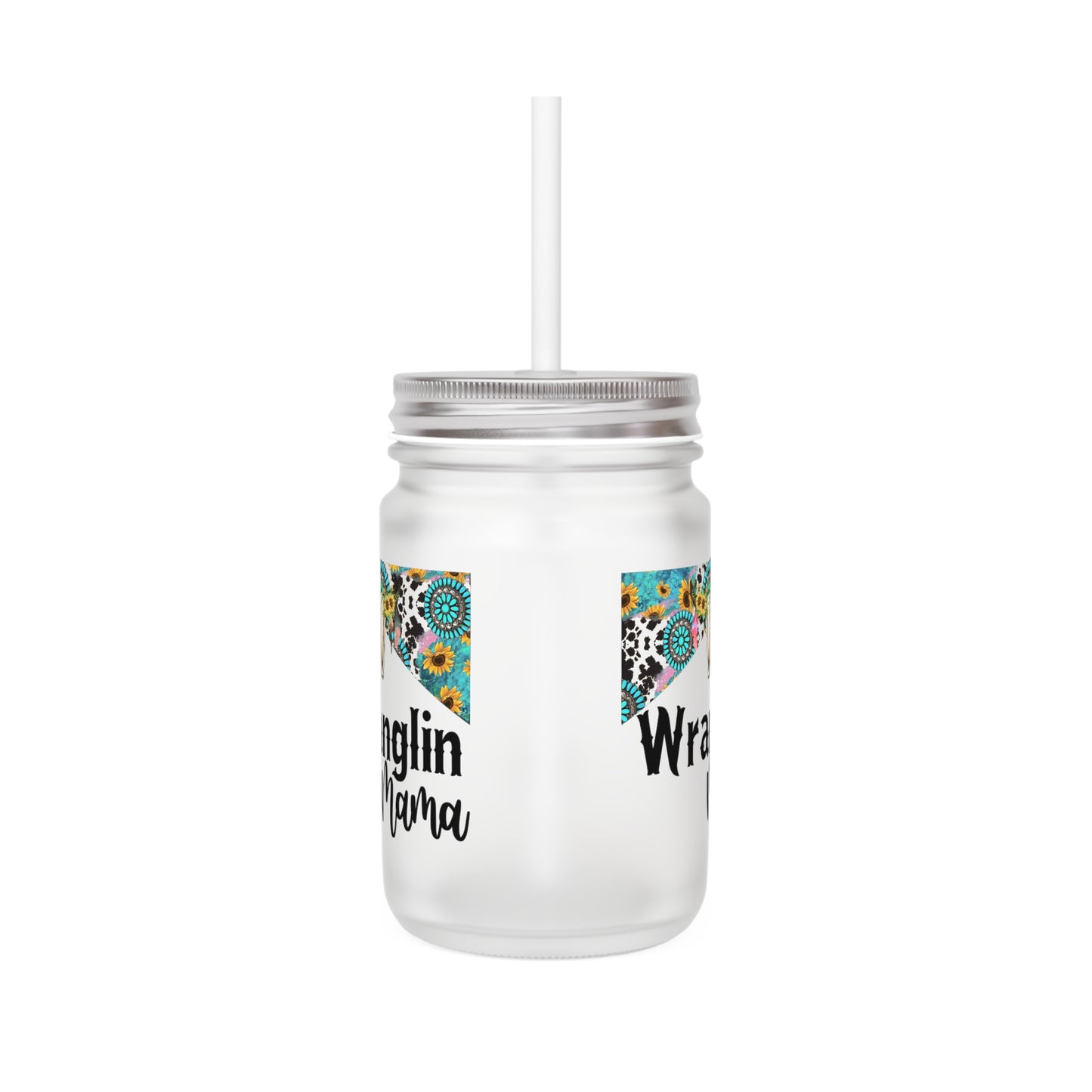 Cute Wrangler Mama Mason Jar with Straw, Rustic Farmhouse Drinkware, Country Style Kitchen Decor, Gift for Moms, Western Themed Cup