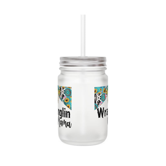 Cute Wrangler Mama Mason Jar with Straw, Rustic Farmhouse Drinkware, Country Style Kitchen Decor, Gift for Moms, Western Themed Cup
